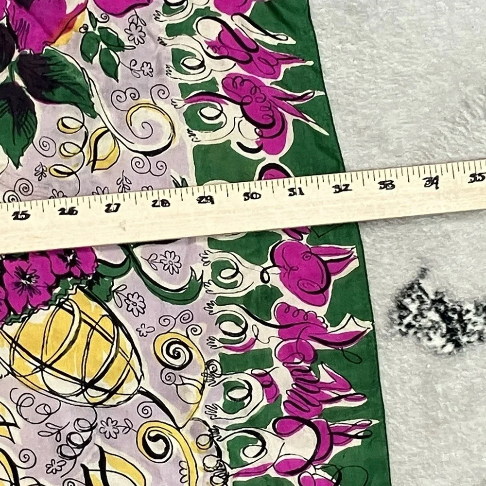 Vintage 100% Silk Floral Square Scarf Pink Green Rose Butterfly Hand Rolled